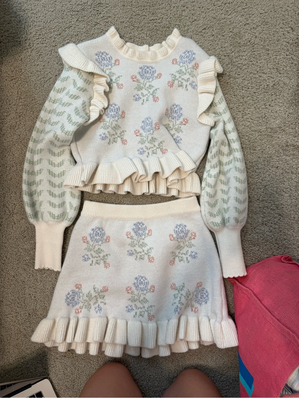 MARBLE Cream Knit Sweater with Subtle Blue and Pink Floral
